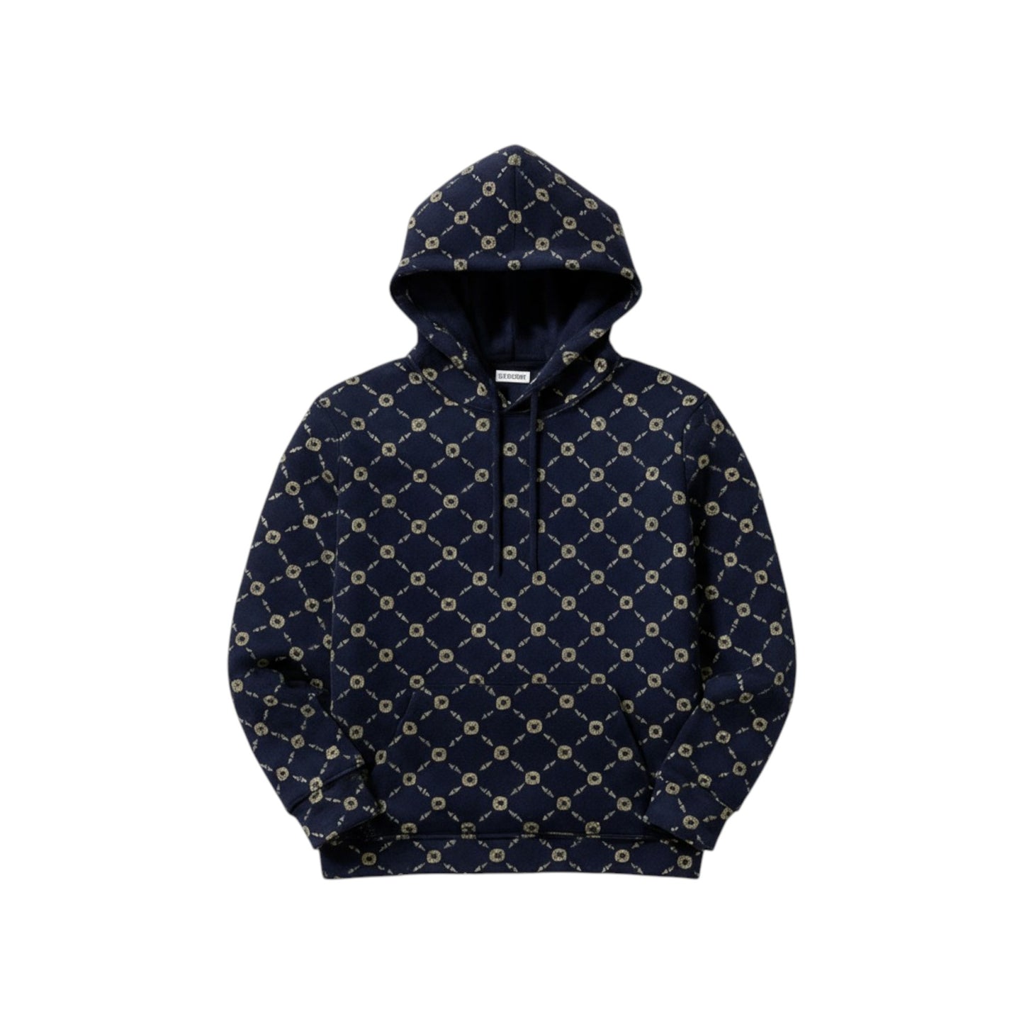 Navy blue hoodie with a gold geometric pattern on a white background