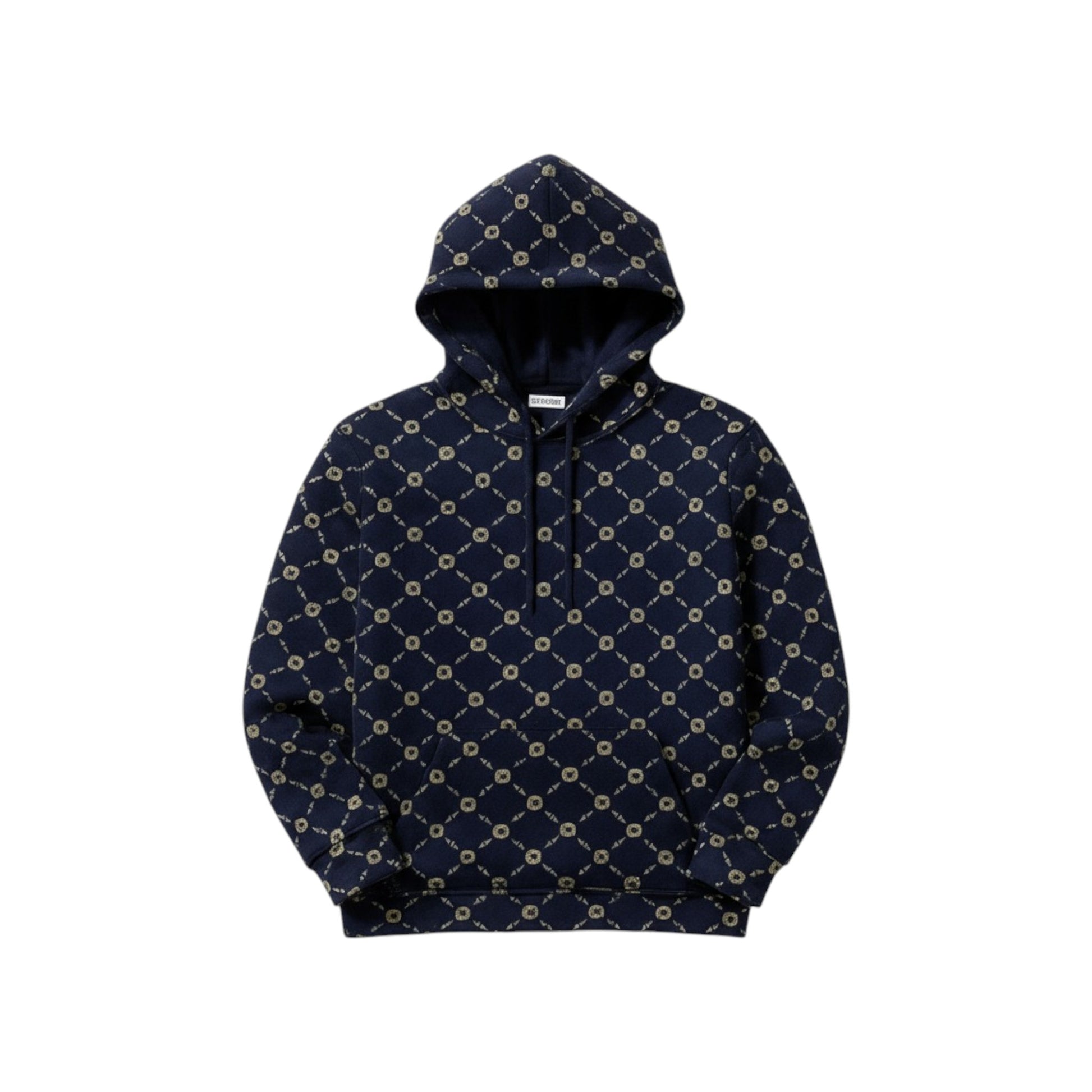 Navy blue hoodie with a gold geometric pattern on a white background