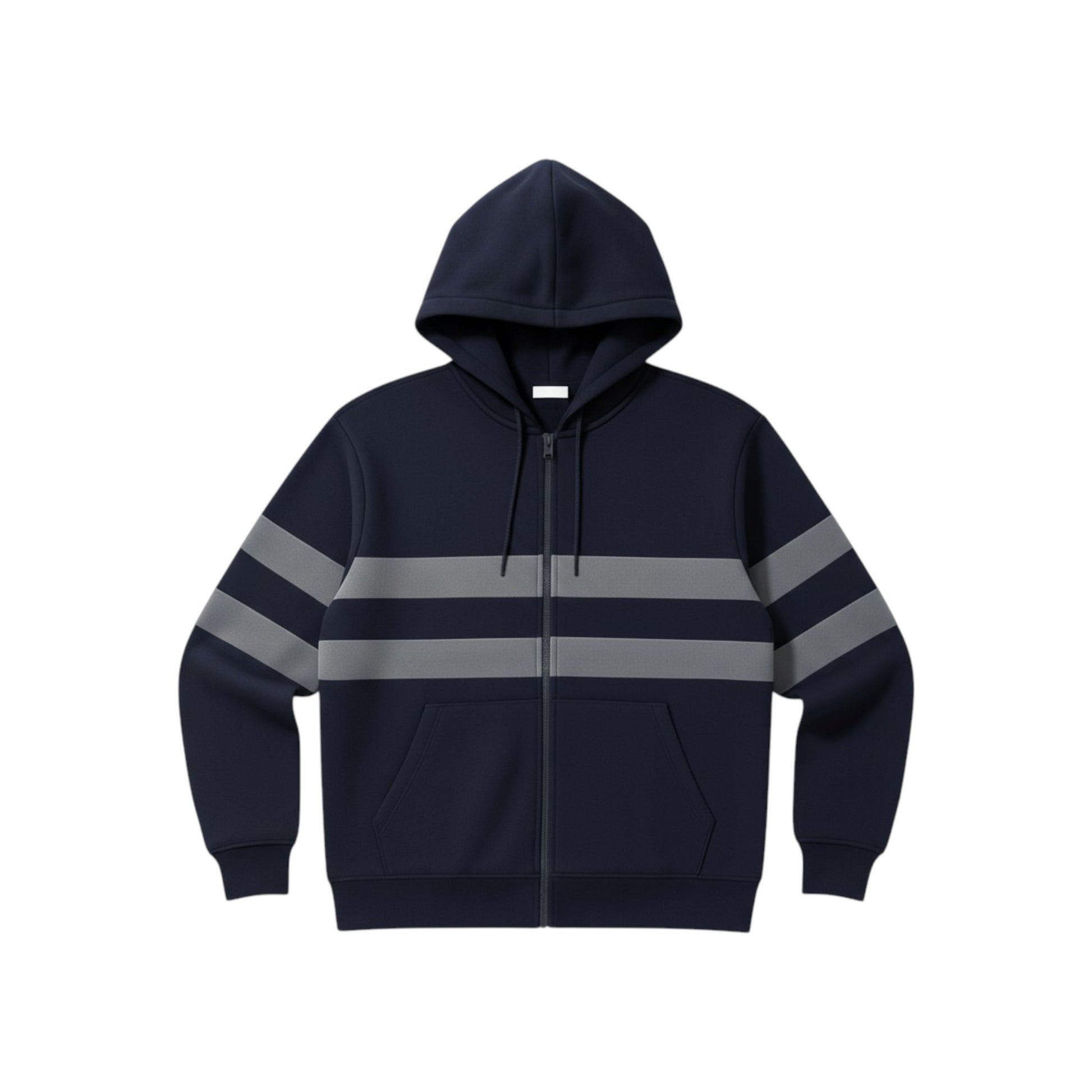 Navy hoodie with reflective stripes on a white background