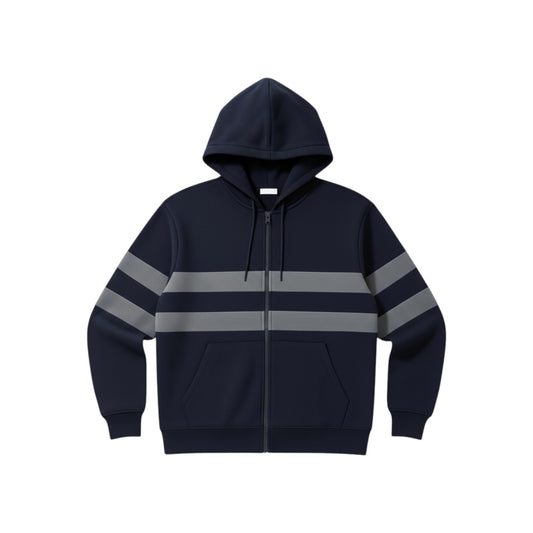 Navy hoodie with reflective stripes on a white background