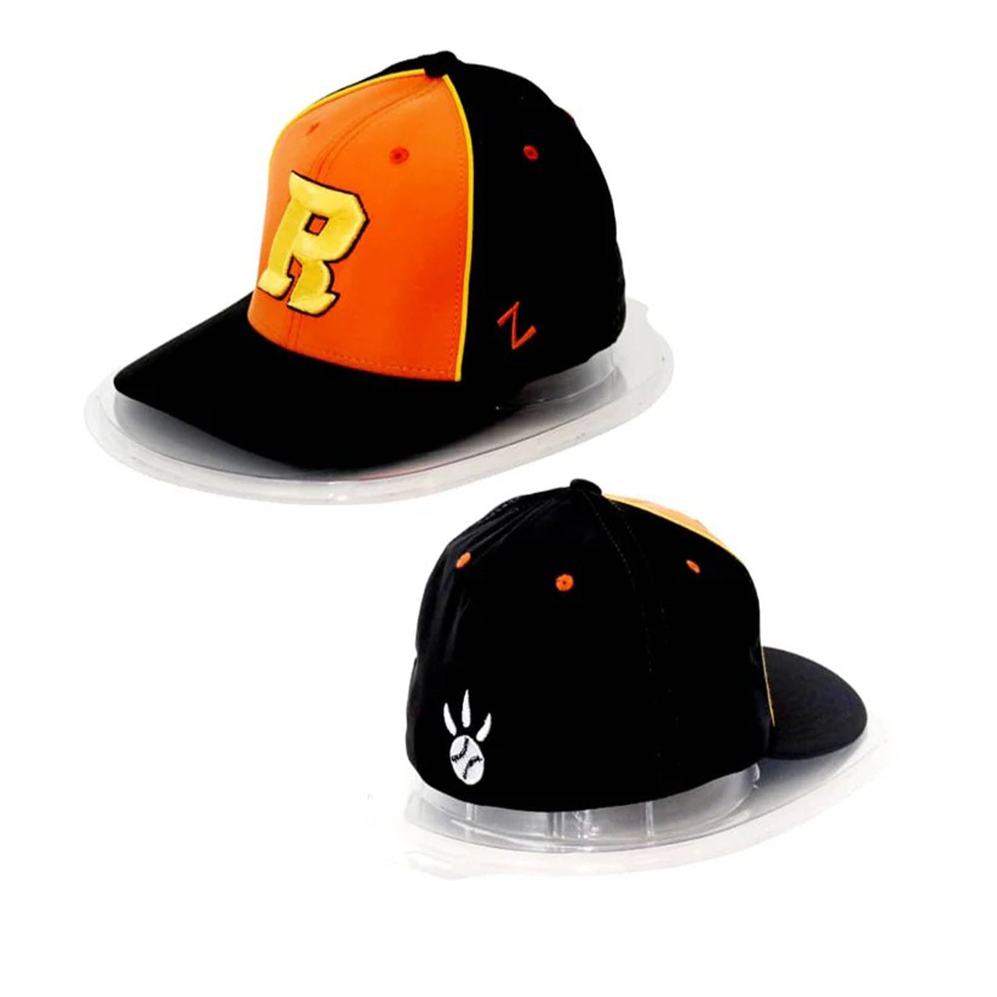 Two baseball caps on clear stands with a white background