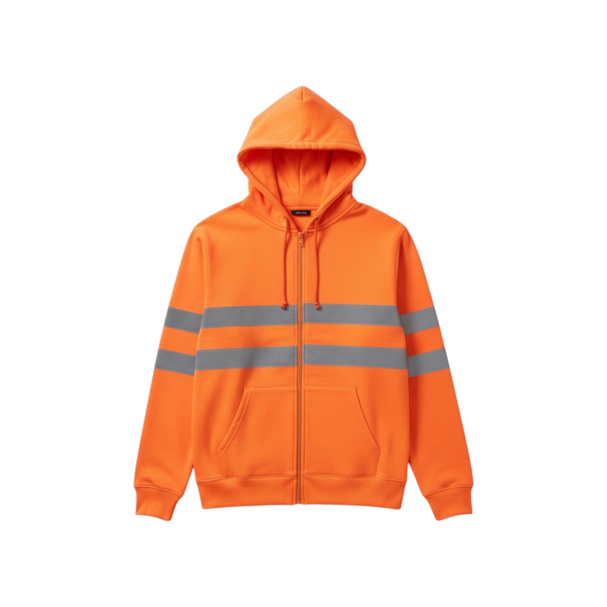 Orange hoodie with reflective stripes on a white background