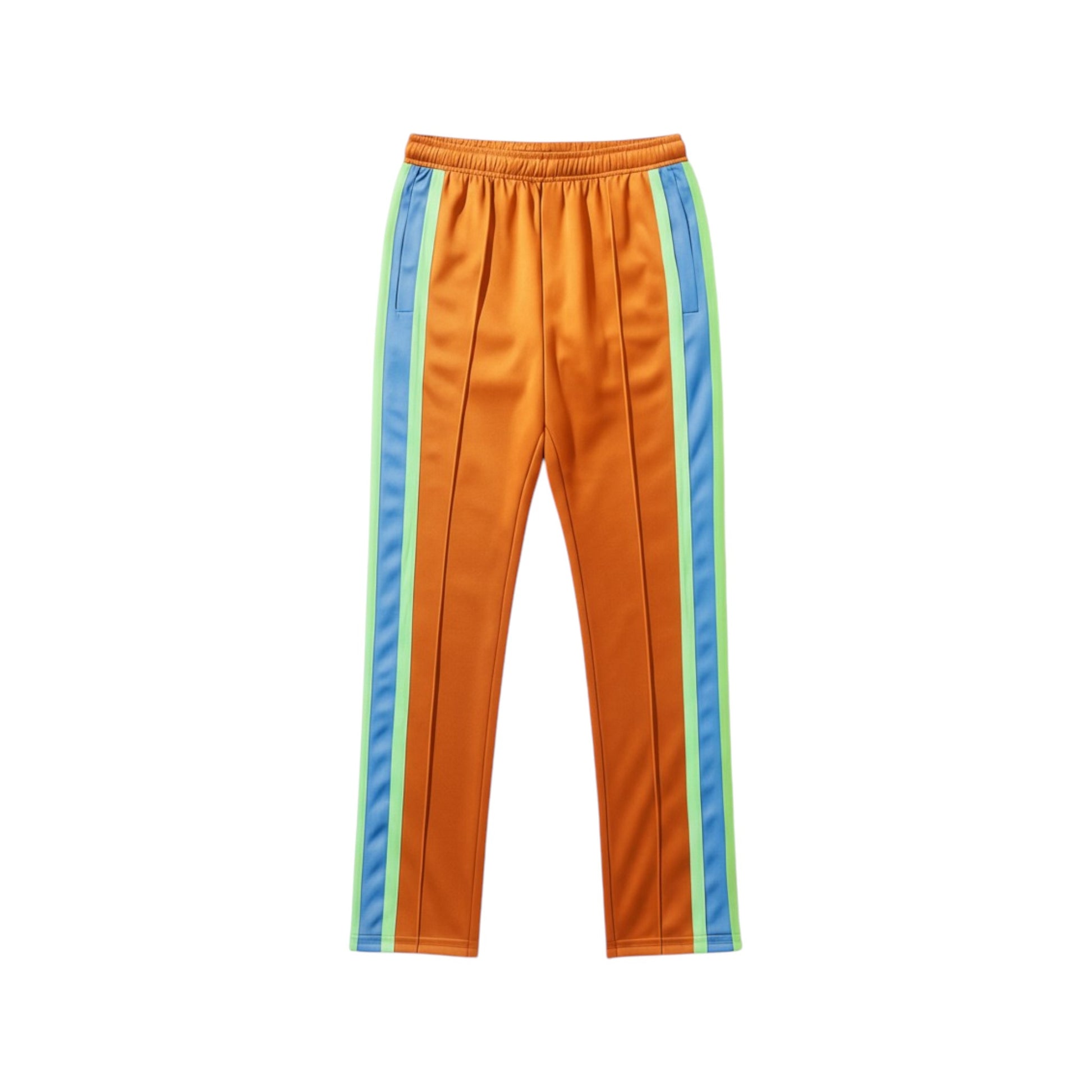 Orange pants with blue and green stripes on a white background