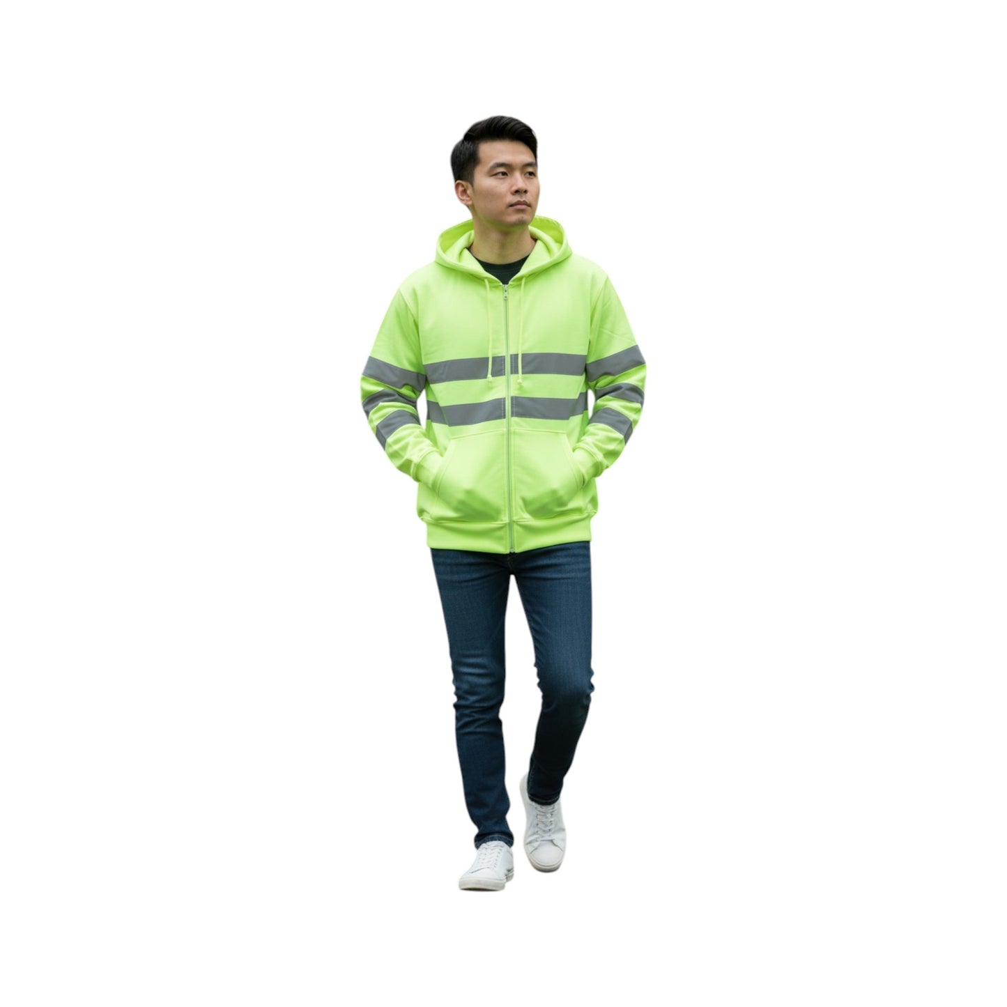 Person wearing a bright yellow safety jacket on a white background