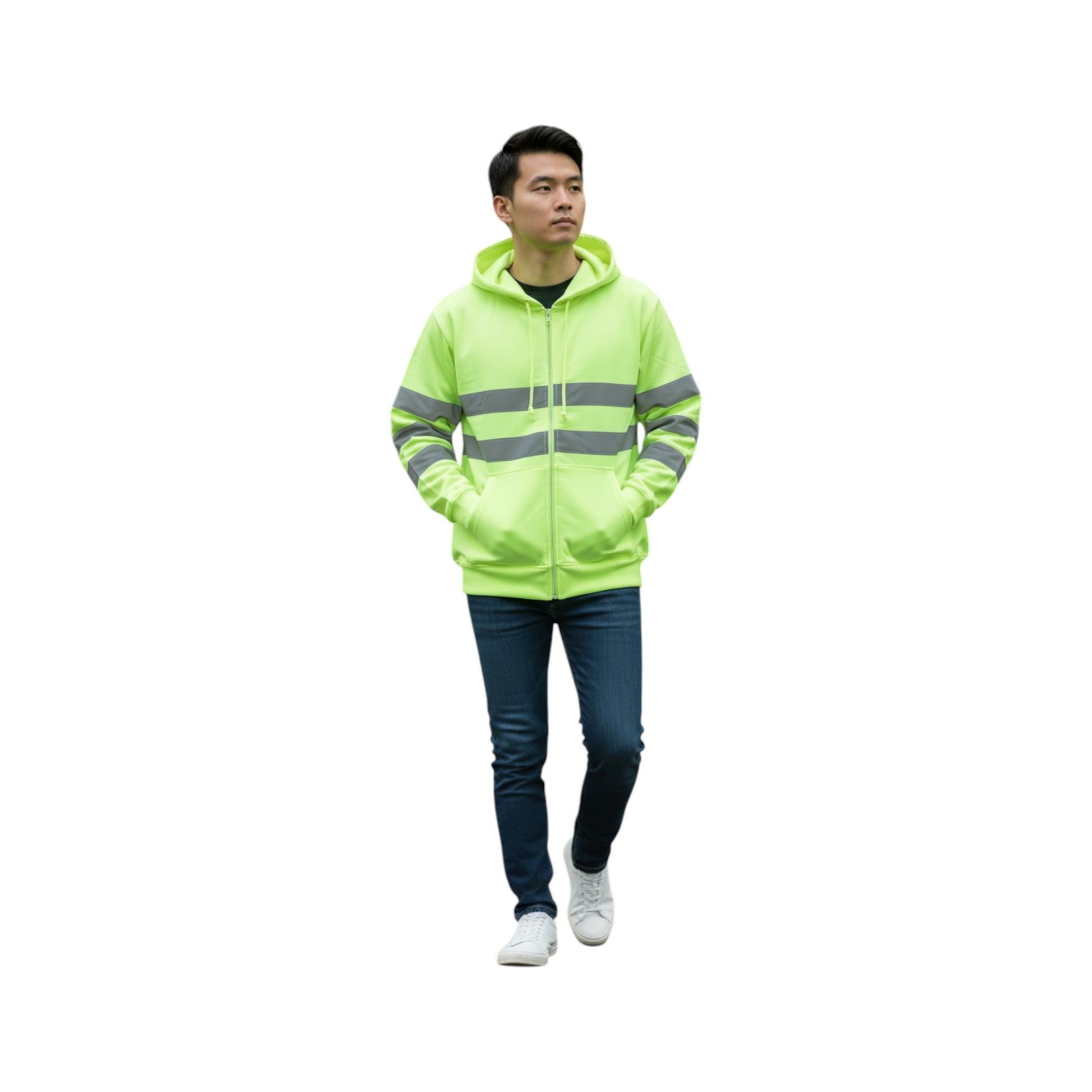 Person wearing a bright yellow safety jacket on a white background