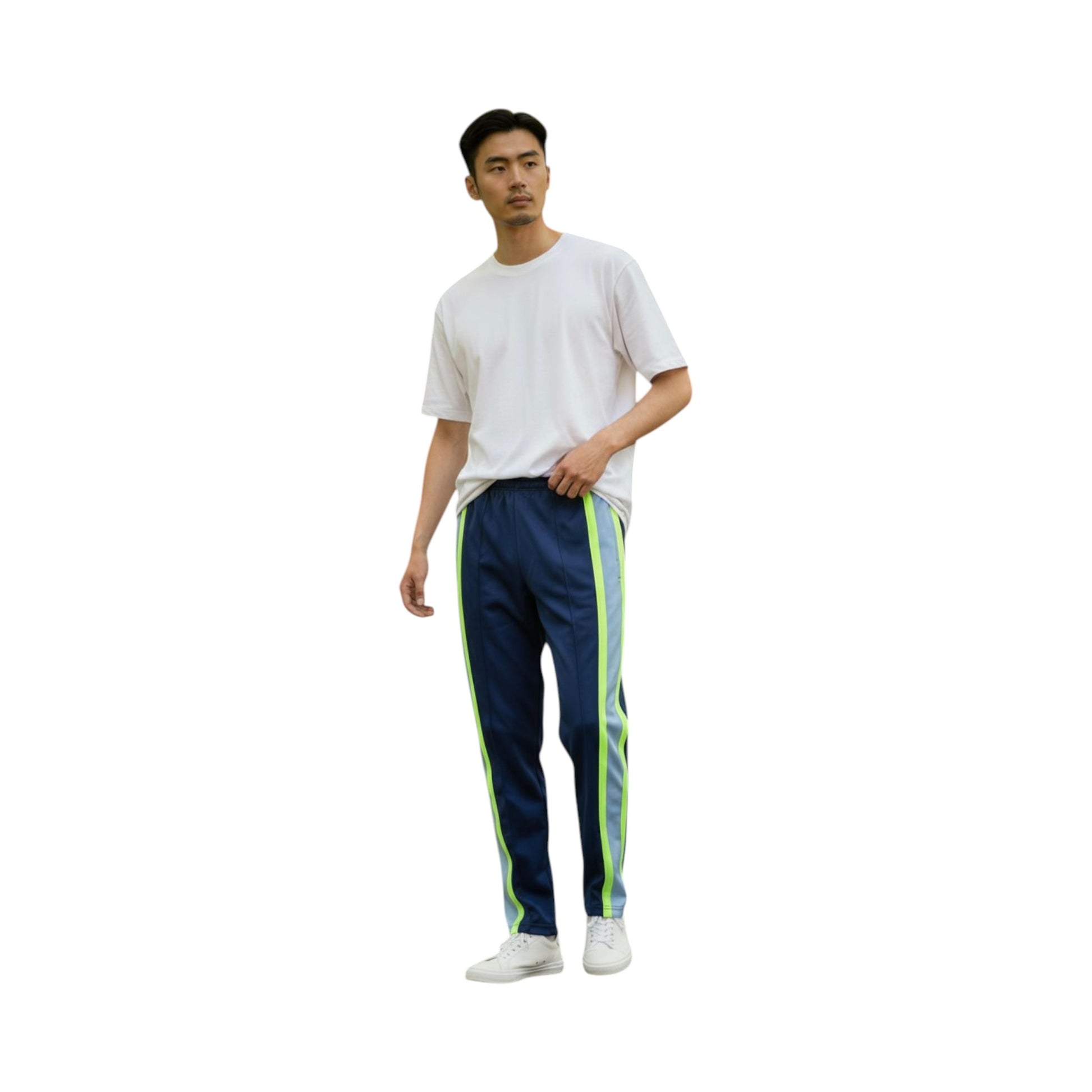 Person wearing a white t-shirt and blue pants with green stripes on a white background