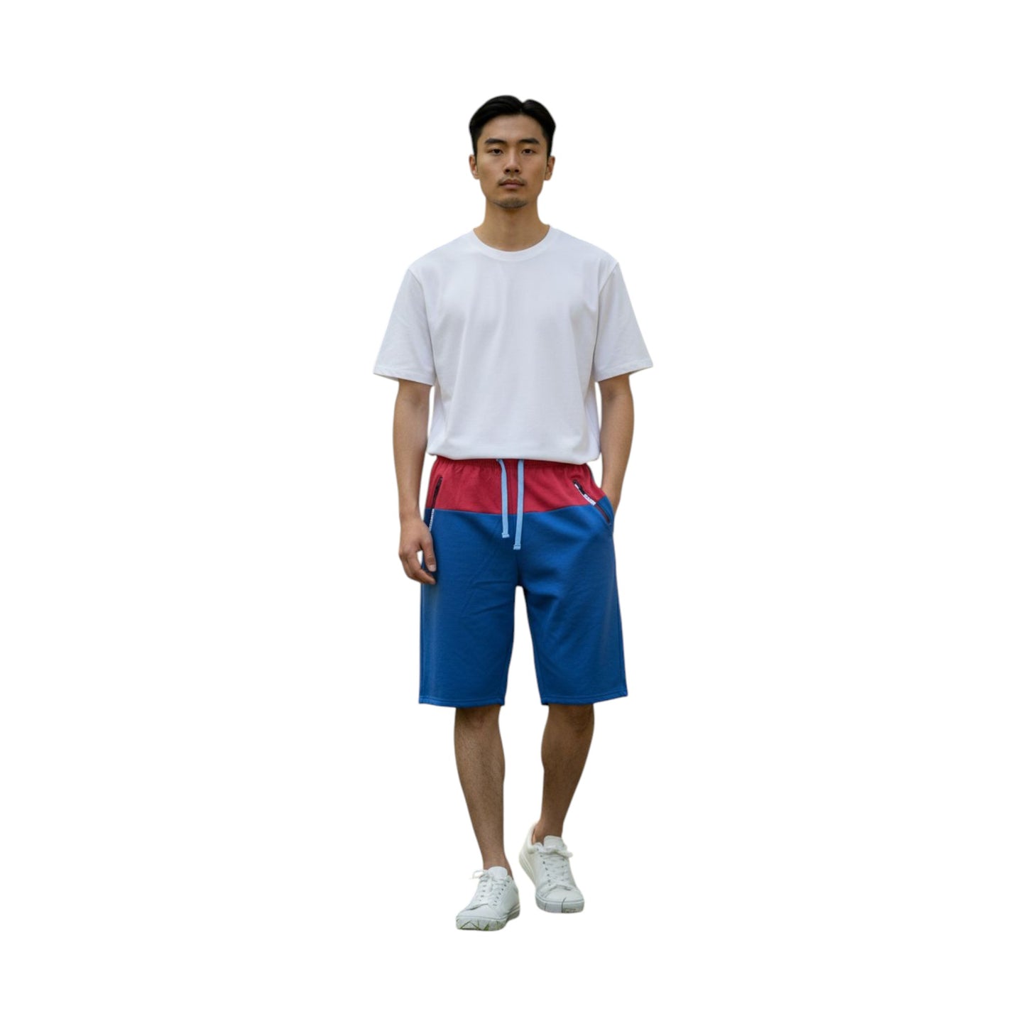 Person wearing a white t-shirt and blue shorts with a red waistband on a white background