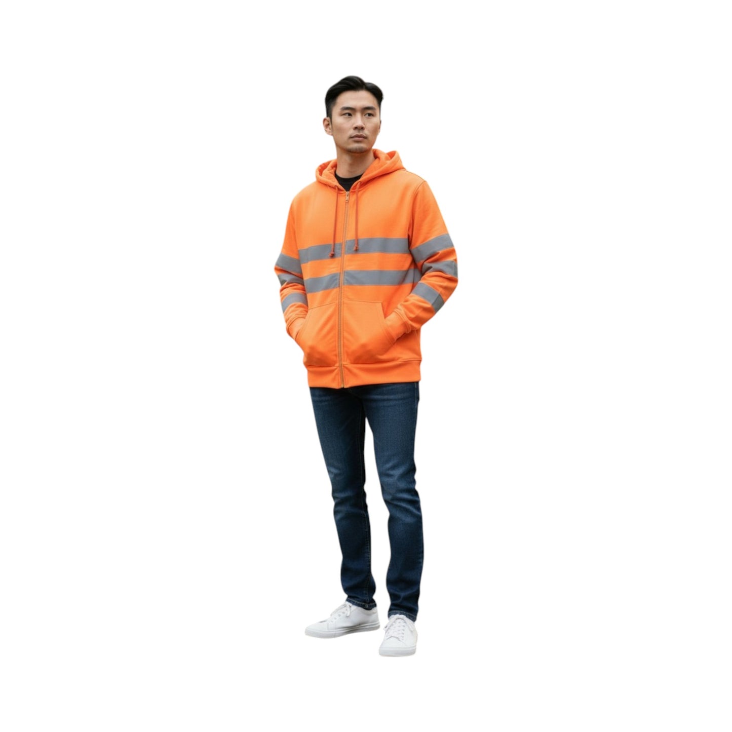 Person wearing an orange safety hoodie with reflective stripes on a white background