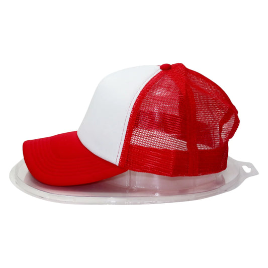 A red and white five panel curved brim foam trucker cap.