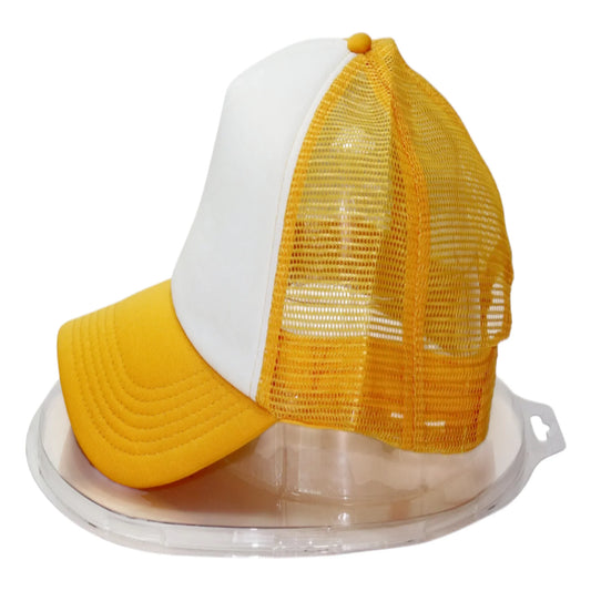 Yellow and white cap on a clear stand with a white background