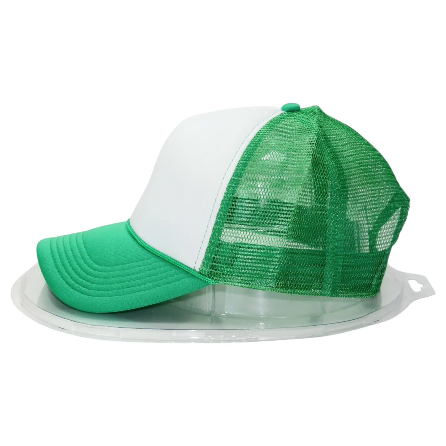 A green and white trucker cap with a curved brim and mesh back.