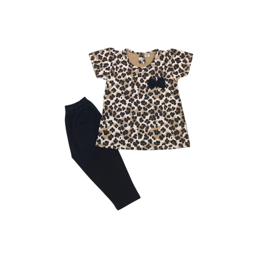 Leopard print top and black pants on a white background