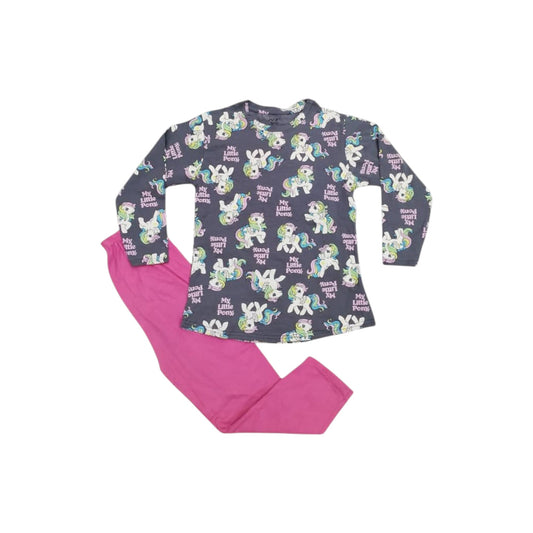 Children's pajama set with long-sleeve top and pink pants on a white background