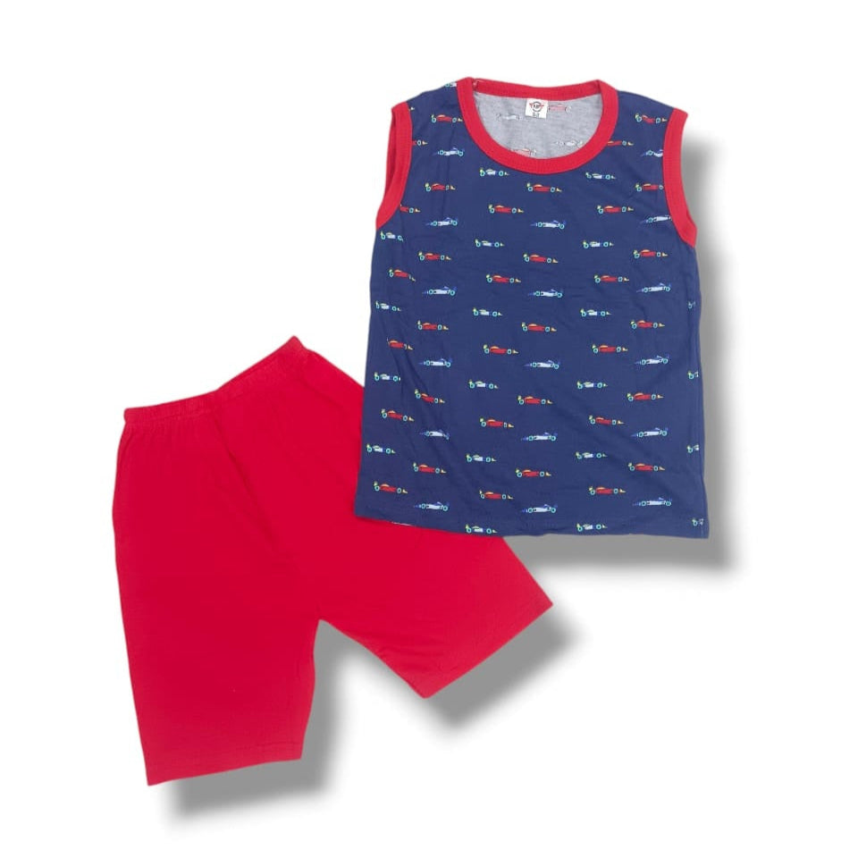 Children's sleeveless top and shorts set with a blue patterned top and red shorts on a white background