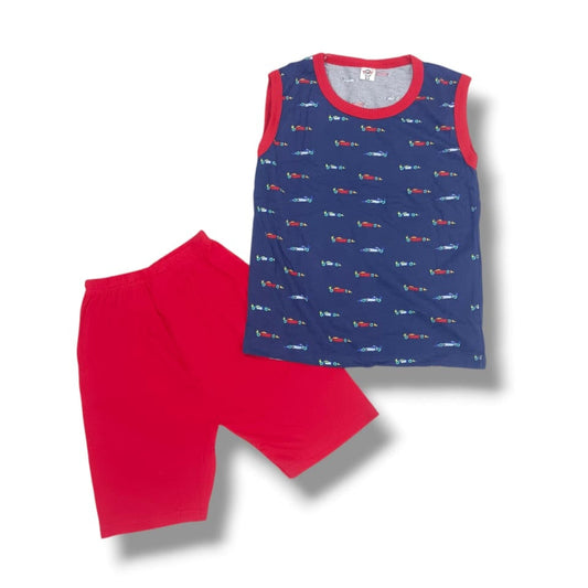 Children's sleeveless top and shorts set with a blue patterned top and red shorts on a white background