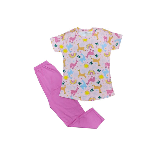 Children's pajama set with colorful animal pattern on shirt and solid pink pants on a white background