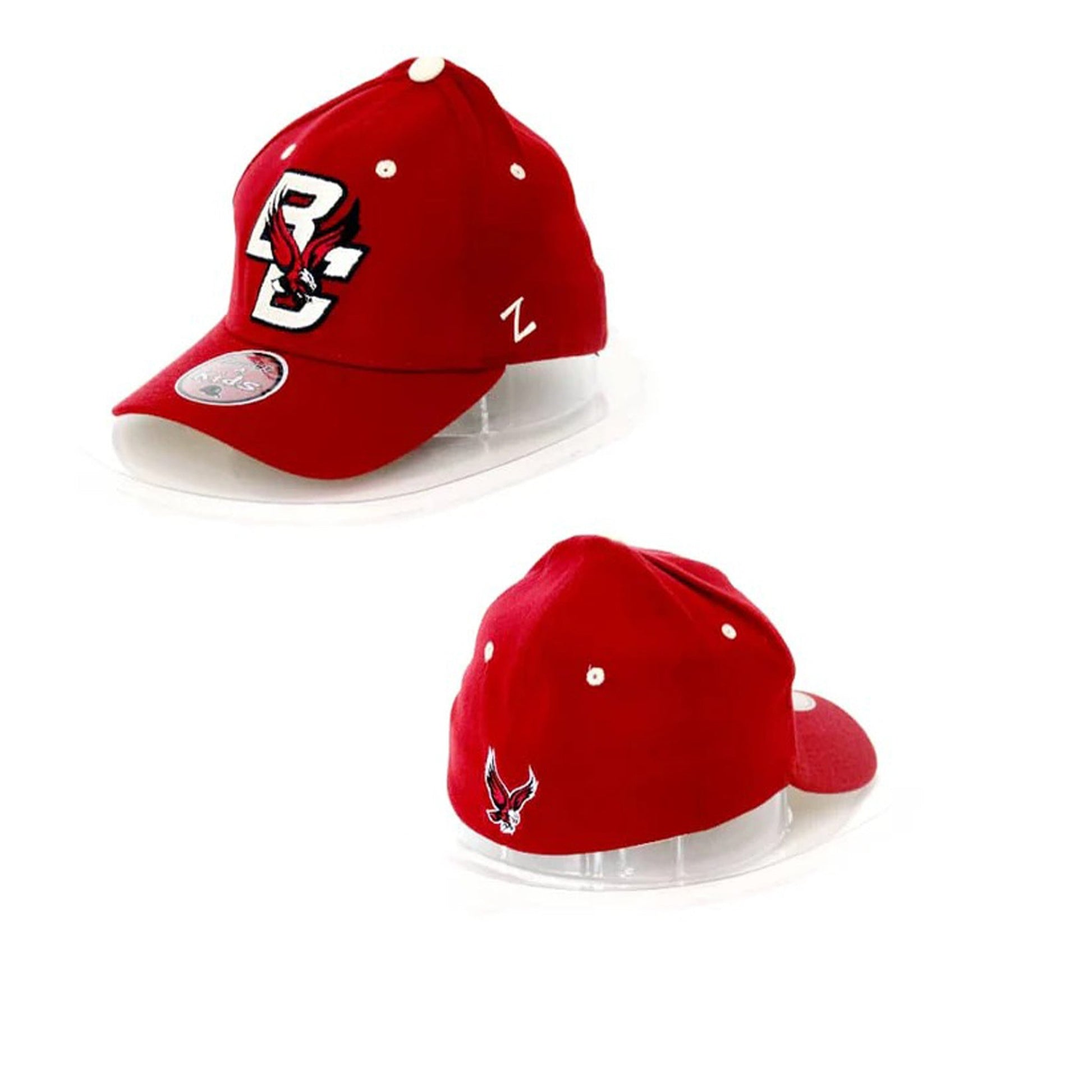 Two red baseball caps with logos on a white background