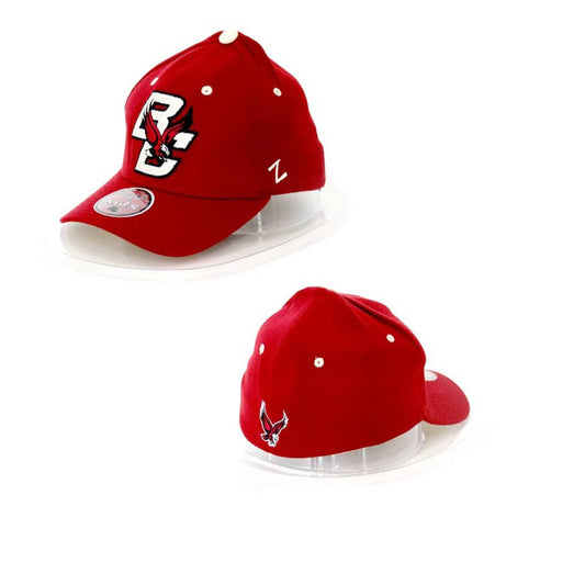 Two red baseball caps with logos on a white background