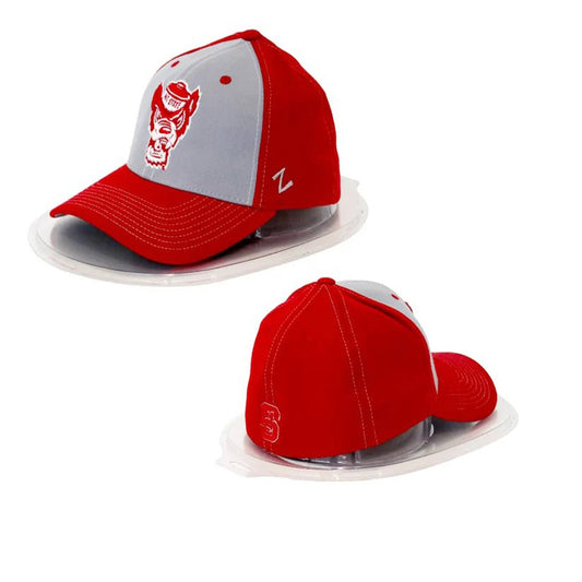 Red and gray baseball cap with a logo on a white background
