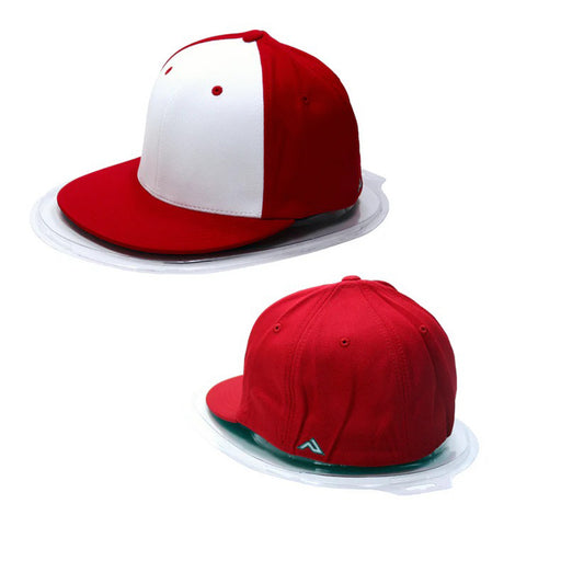 Red and white baseball cap on a clear stand with a red cap on a white background