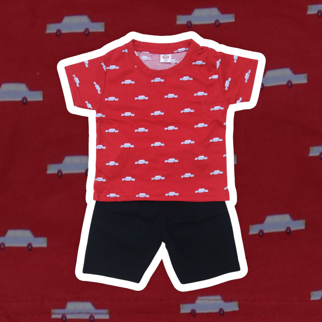 Red t-shirt with car pattern and black shorts on a red background with car illustrations.