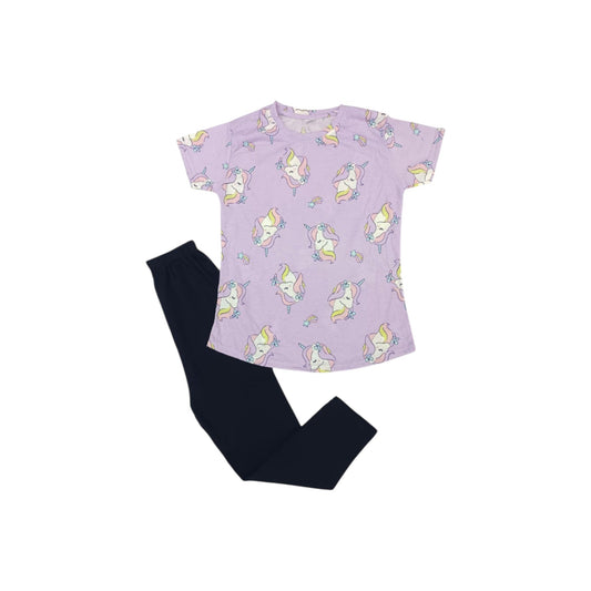 Purple t-shirt with unicorn pattern and black pants on a white background