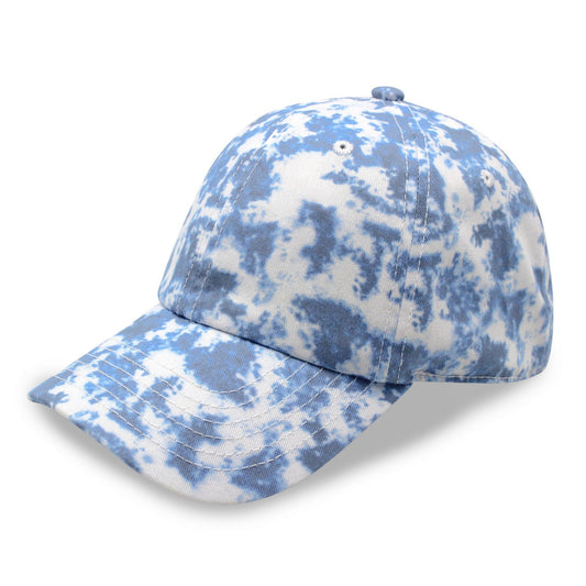 Blue and white tie-dye baseball cap on a white background