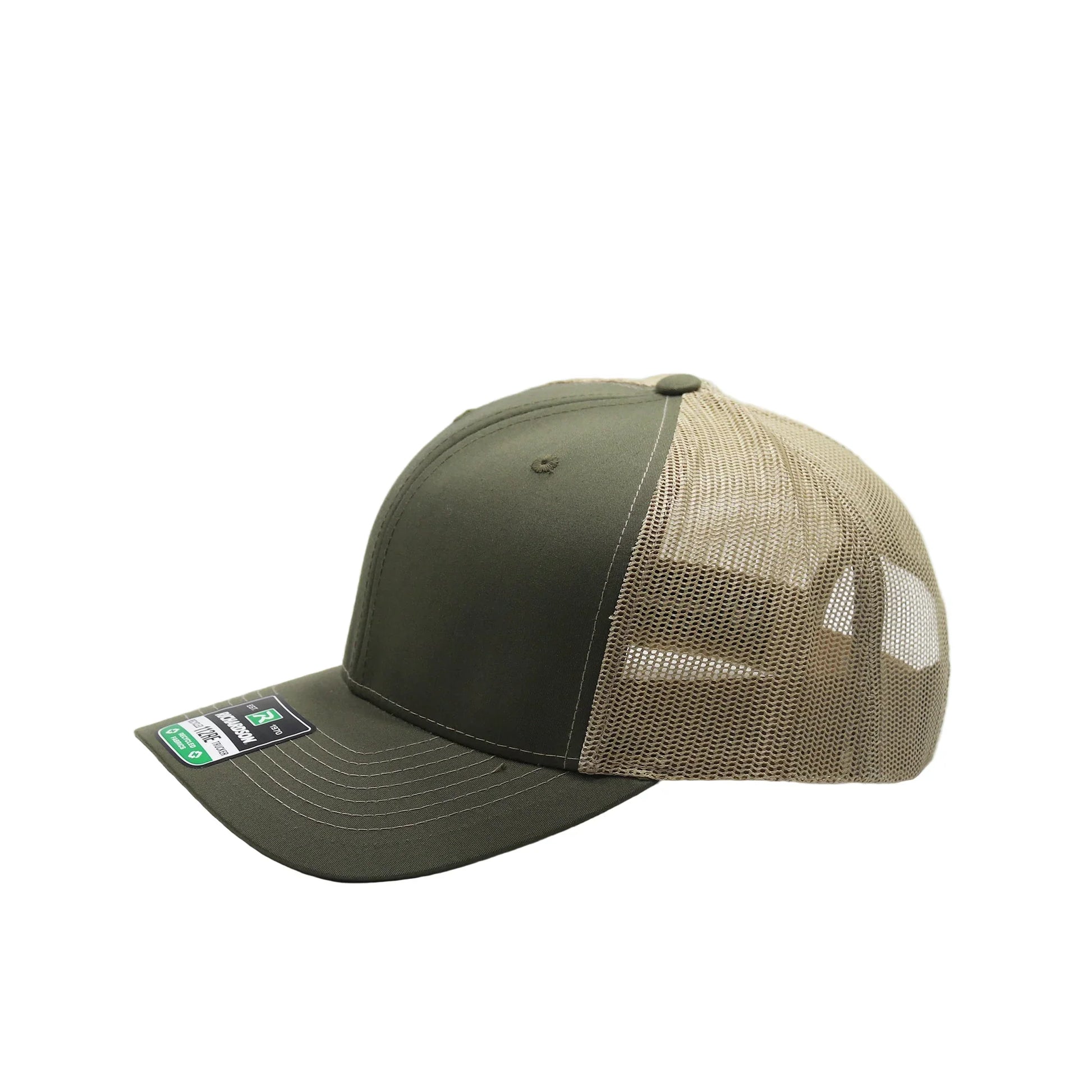 Green and beige baseball cap on a white background