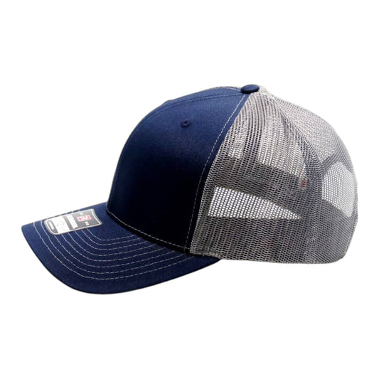Navy blue cap with a gray mesh back on a white background