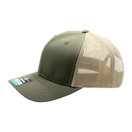 Green and beige mesh cap on a white background