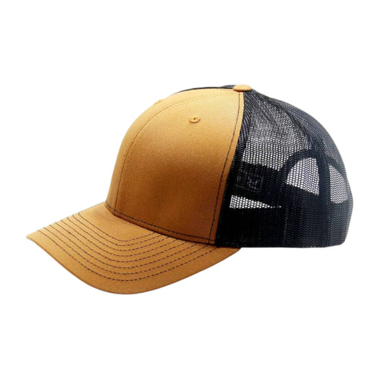 Brown and black cap with mesh back on a white background