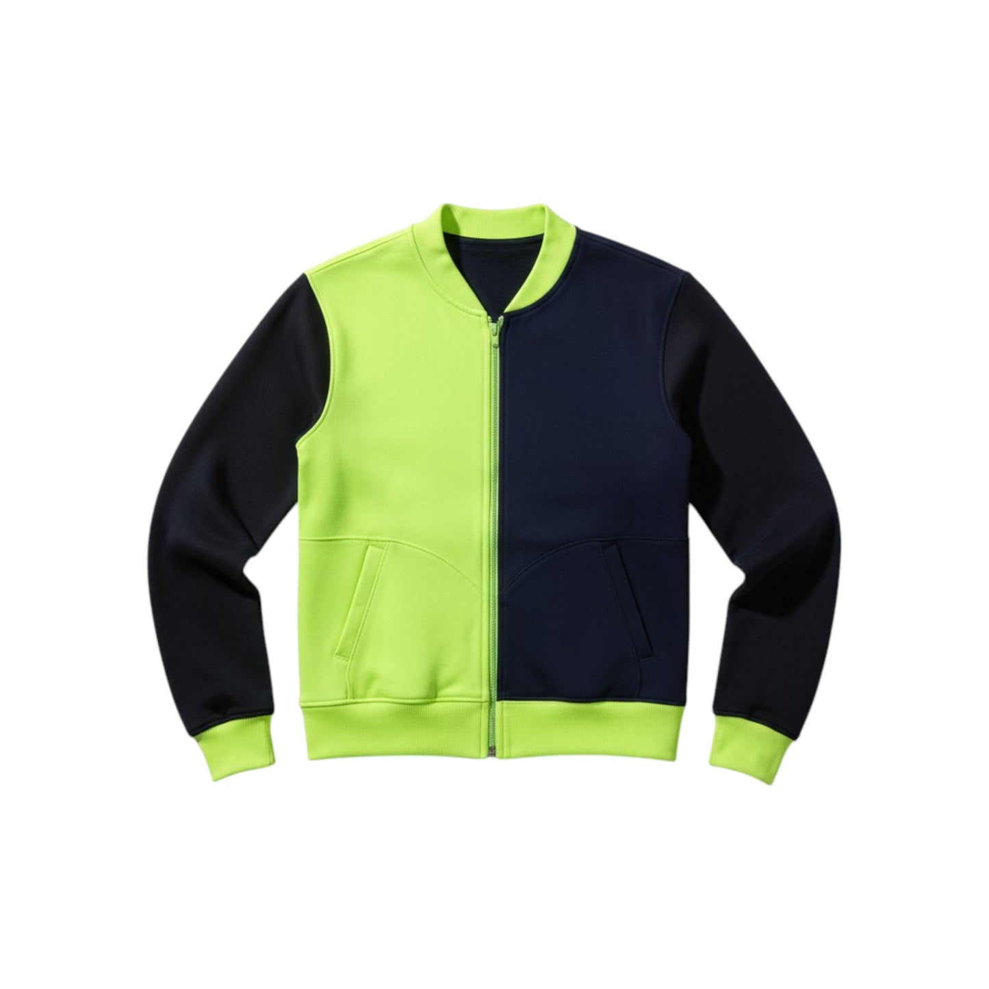 Two-tone green and navy jacket on a white background