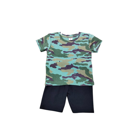 Baby Boys' Camouflage Pajama Set | Green & Blue Camo Print Shirt & Black Shorts Sleepwear