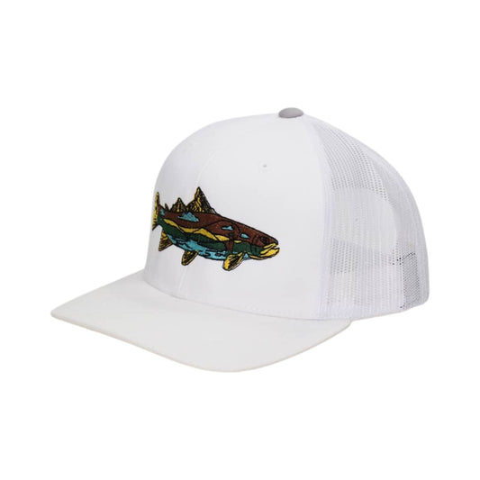 White cap with a colorful fish design on a white background