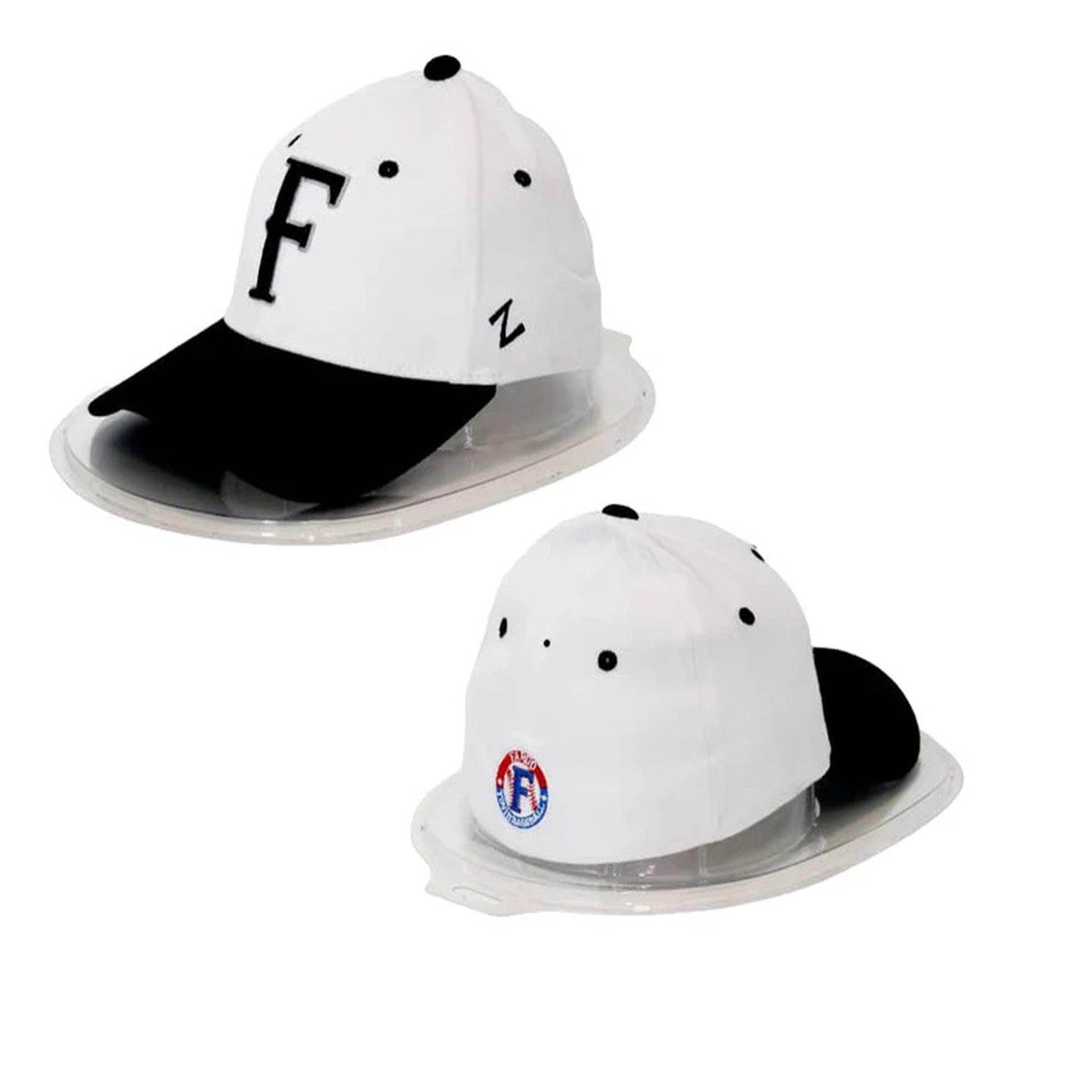 Two white baseball caps with black visors on a white background