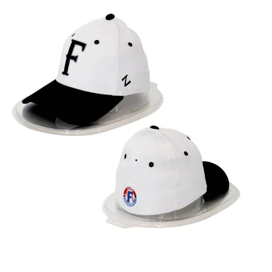 Two white baseball caps with black visors on a white background