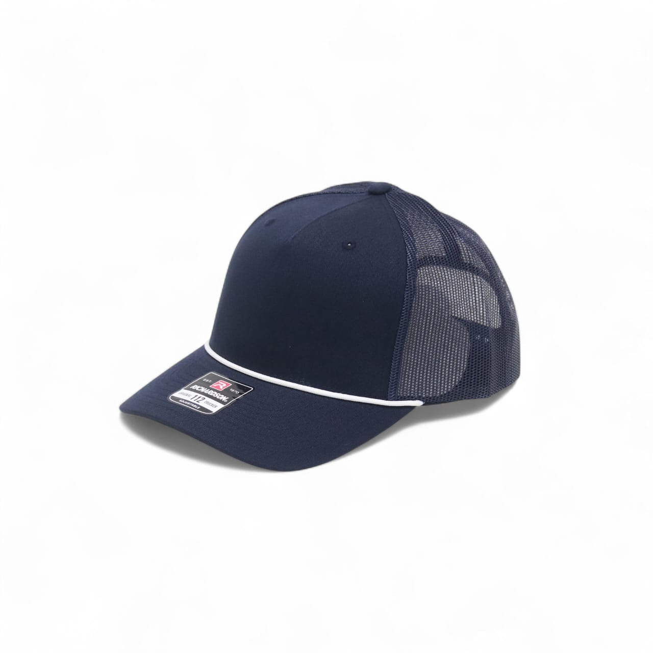Navy blue cap with white accents on a white background