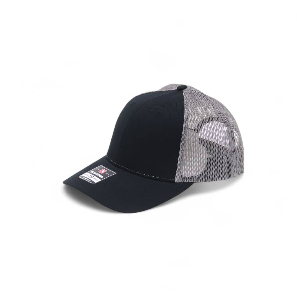 Black and gray cap with mesh back on a white background