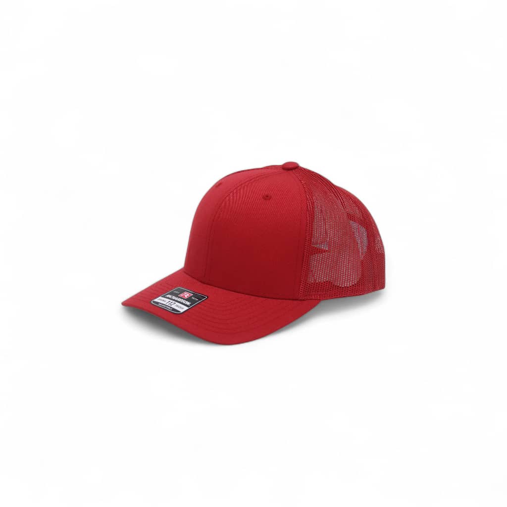 Red baseball cap with mesh back on a white background