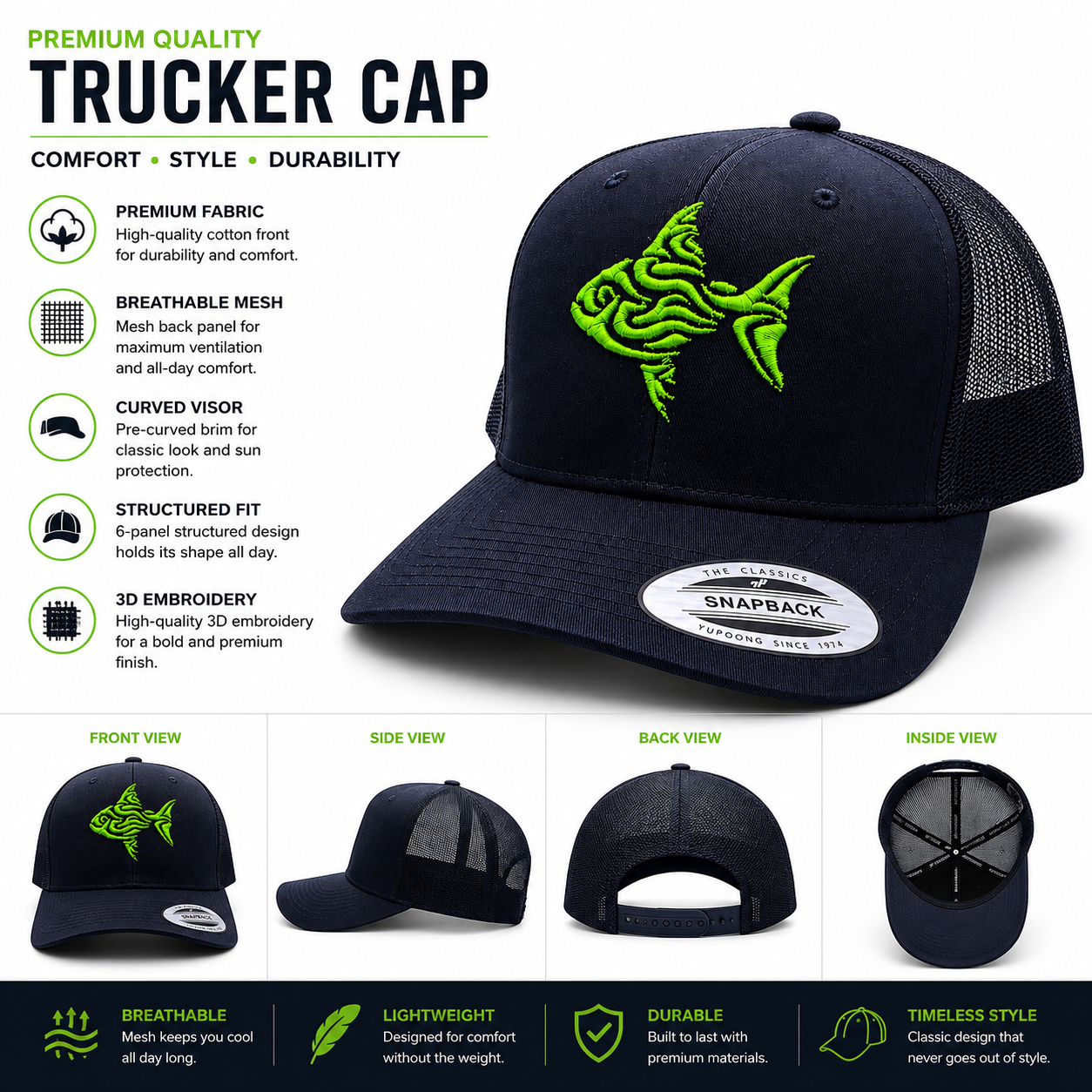 Premium Black Trucker Cap with Neon Green 3D Embroidered Fish Logo | Baseball Mesh Cap