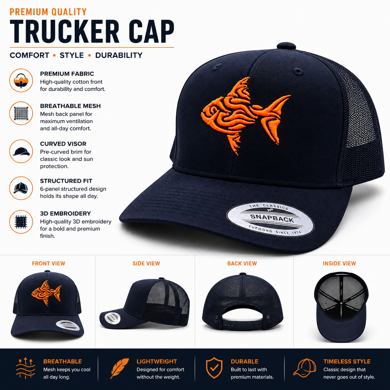 Premium Black Trucker Cap with Neon Orange 3D Embroidered Fish Logo | Baseball Mesh Cap