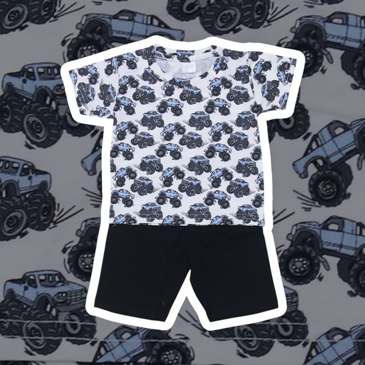 Kids Monster Truck Print T-Shirt and Black Shorts Set breathable cotton fabric