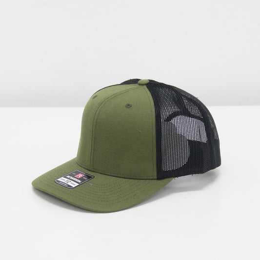 Green and black cap with mesh back on a white background