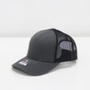 Black and gray cap with mesh back on a white background
