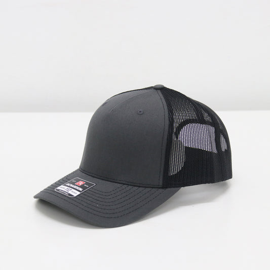Black and gray cap with mesh back on a white background