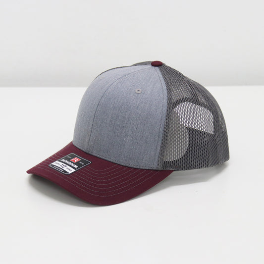 Gray and maroon baseball cap with mesh back on a white background