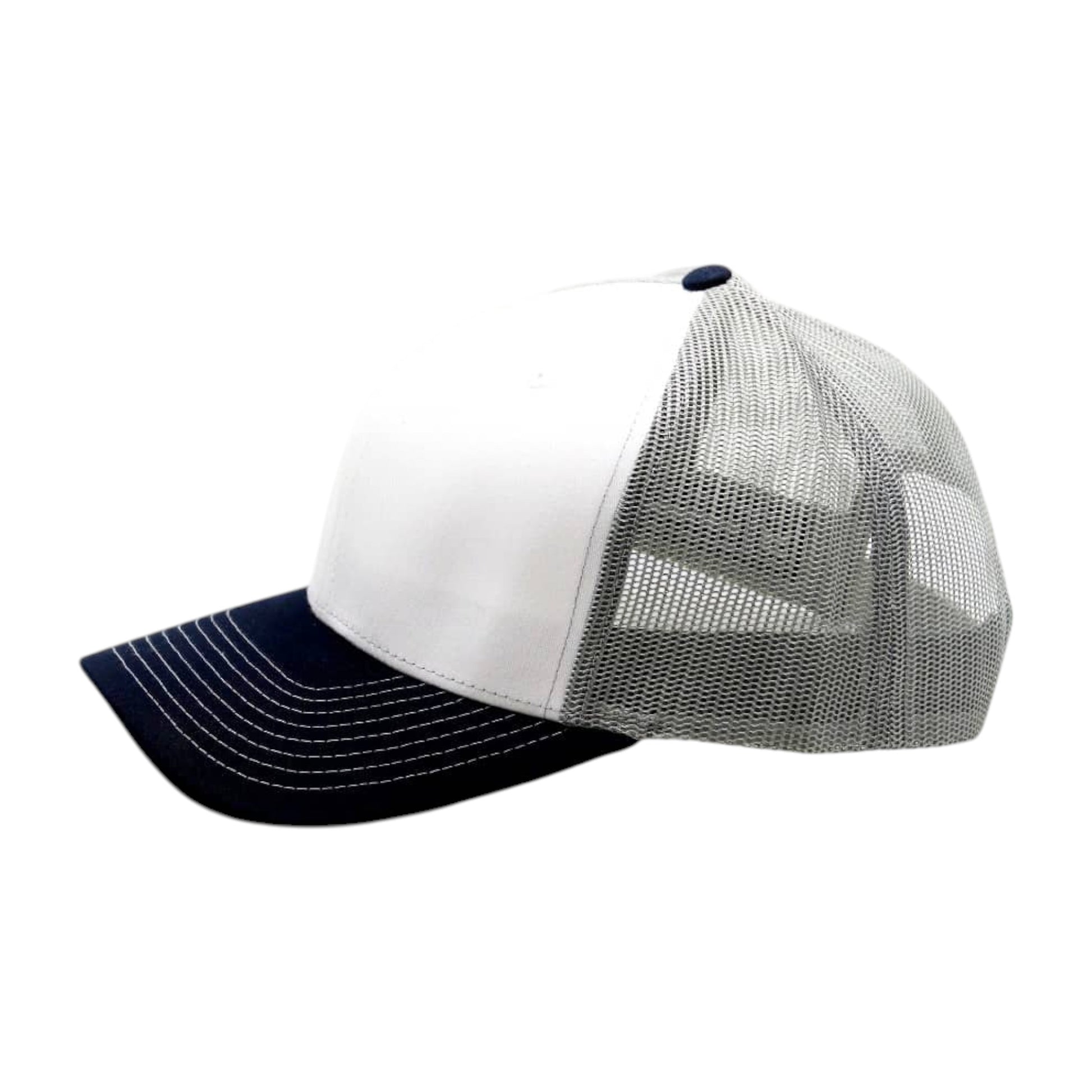 Trucker hat with white front panel and black bill on a white background