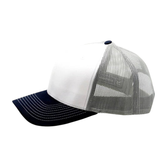 Trucker hat with white front panel and black bill on a white background