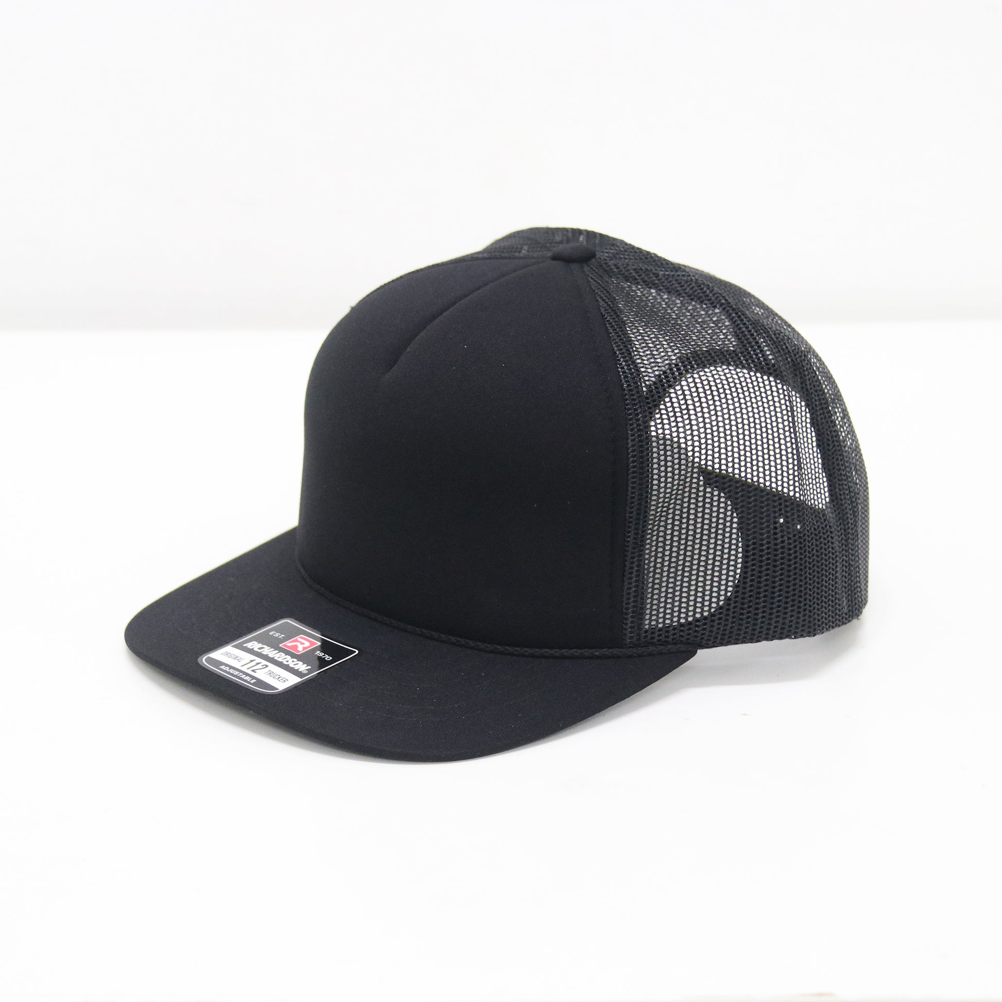 Black mesh cap with a brand logo on a white background