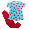 Children's pajama set with blue shirt and red pants featuring watermelon pattern on a white background